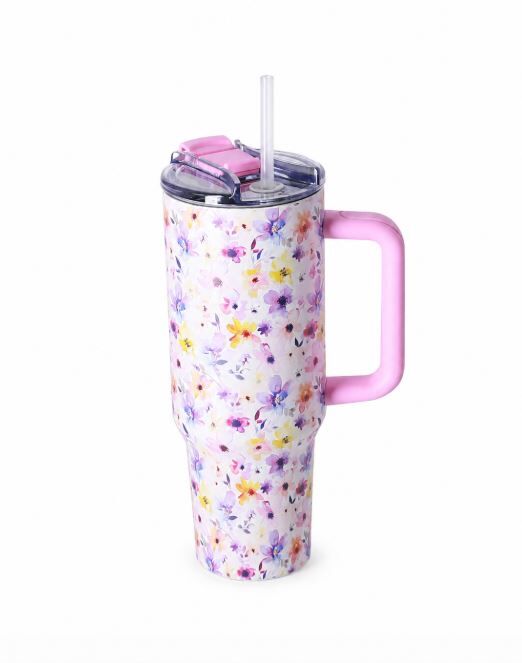 MI25-TBL40-FLP1_1 Termovka Miau - s slamico, 1200 ml, flower pink - slika 1