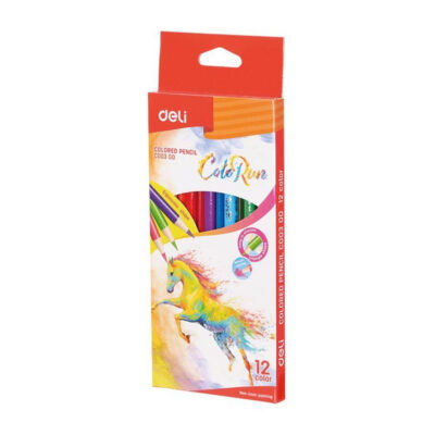 Box of 12 colored pencils with rainbow colors, packaging shows a colorful unicorn artwork on the front and a red top with a handle cutout (Deli Color Rush). 12 color pencils visible through a curved window.