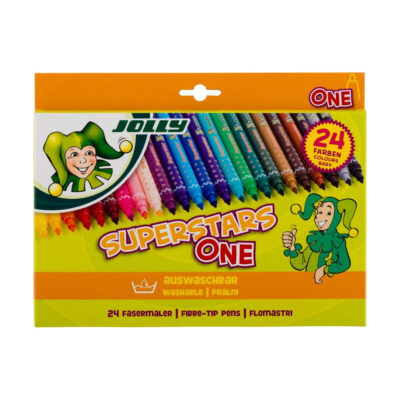 Bright yellow box of 24 colour fibre-tip pens labeled 'Superstars One' with cartoon jester artwork on the right side.