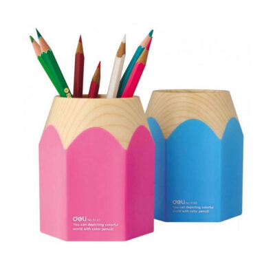 Set of two decorative pencil holders in pink and blue with wood-finish tops, holding pencils.