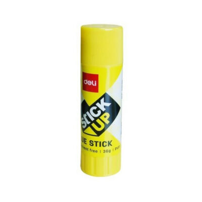 Yellow glue stick with Deli branding and 'STICK UP' label, a craft adhesive pen