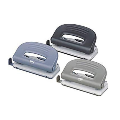 Set of three ergonomic handheld hole punches in blue, dark gray, and light gray colorways.