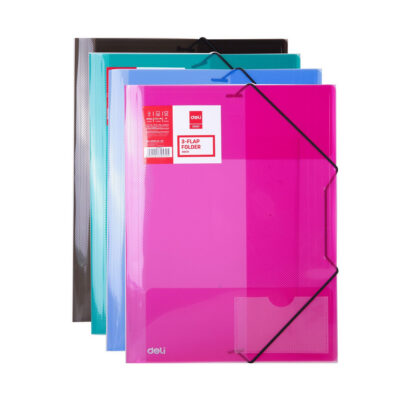 Colorful translucent plastic folders with elastic straps for holding papers; pink folder in front. (3‑flap style)