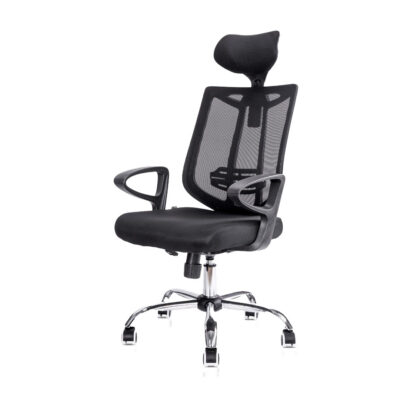 Ergonomic office chair with mesh back, headrest, padded seat, and rolling chrome base.