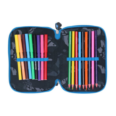 Open zip pencil case showing two sides with rainbow-colored markers and pencils secured by blue elastic bands: left side contains markers, right side colored pencils in a neat row.
