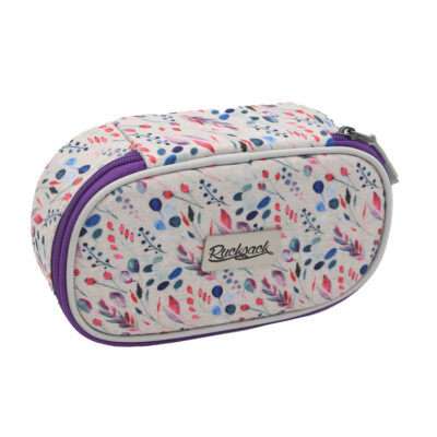 Oval pencil case with a purple zipper, featuring a light fabric covered in multicolored leaf-and-berry pattern and a metal brand plate on the front