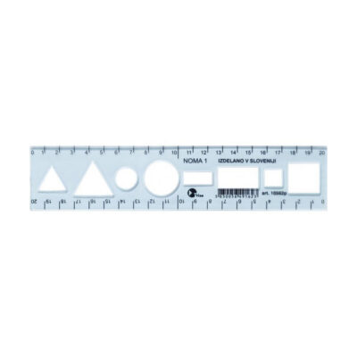 Translucent geometry ruler with cutouts of shapes (triangle, circle, square) for teaching geometry.