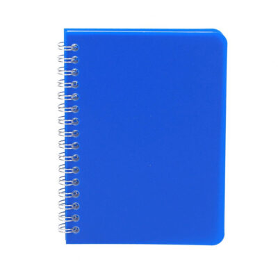 Blue spiral-bound notebook with rounded corners and silver rings on the left side, closed and ready for use.