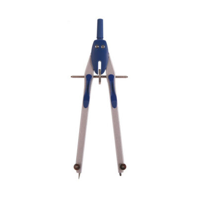 Metal drawing compass with blue handles used to draw circles and arcs, opened legs ready for use.