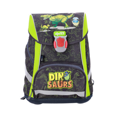 Kids' dinosaur-themed backpack with neon-green accents and a red front latch, featuring a 'DINO SaurS' logo on the pocket.
