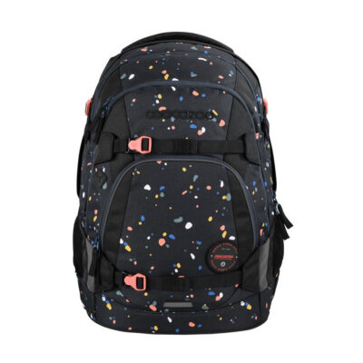 Backpack in black with a colorful confetti print, multiple zip pockets and pink buckles.