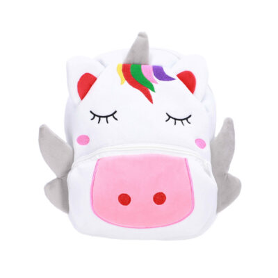Unicorn plush backpack with a pink snout pocket, closed eyes, rainbow mane, and gray ears and wings.