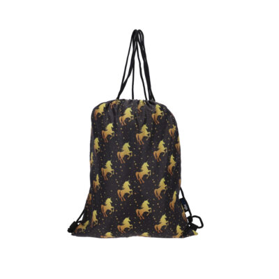 Black drawstring bag with a repeating gold unicorn pattern and starry accents, closed at the top with black cords used as straps