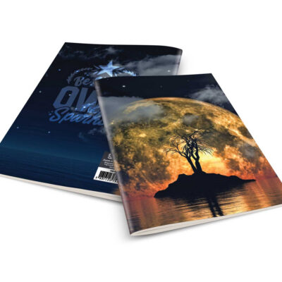Two glossy magazines fanned out: the front shows a silhouetted tree on an island against a large full moon reflected in water; the back cover is a dark night-sky design with stars and a logo.