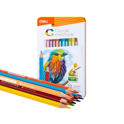 Metal tin of Color Emotion colored pencils; 12 colors with a colorful parrot artwork on the cover.
