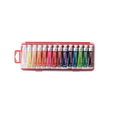 Set of tempera paint tubes arranged in a red plastic carrying case.
