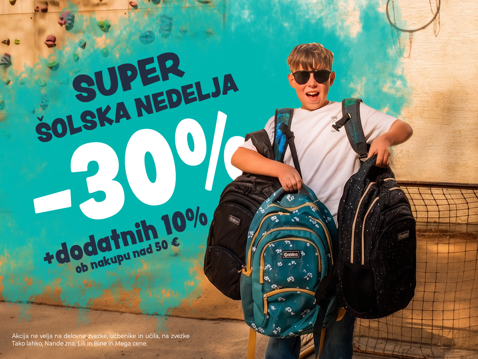 Girl with arms outstretched among scattered school supplies, promoting back-to-school shopping.