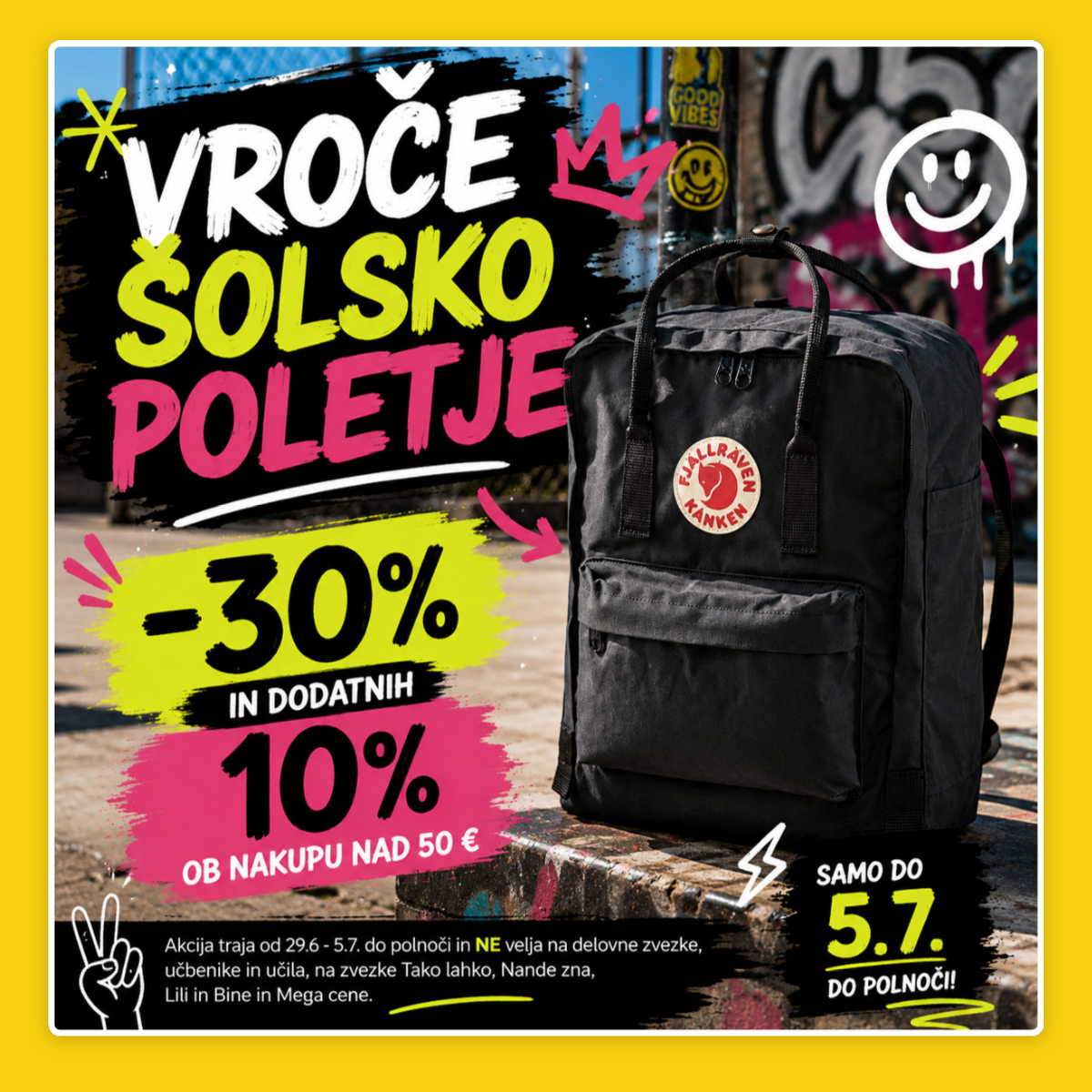 Promotional poster offering 5% off on workbooks for pre-orders, with colorful children's books and supplies displayed.