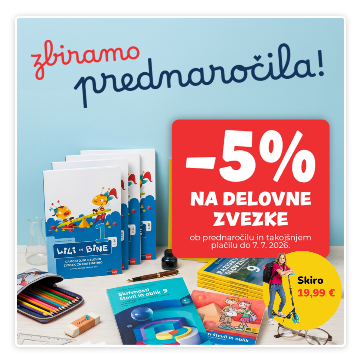 Girl with arms outstretched among scattered school supplies, promoting back-to-school shopping.