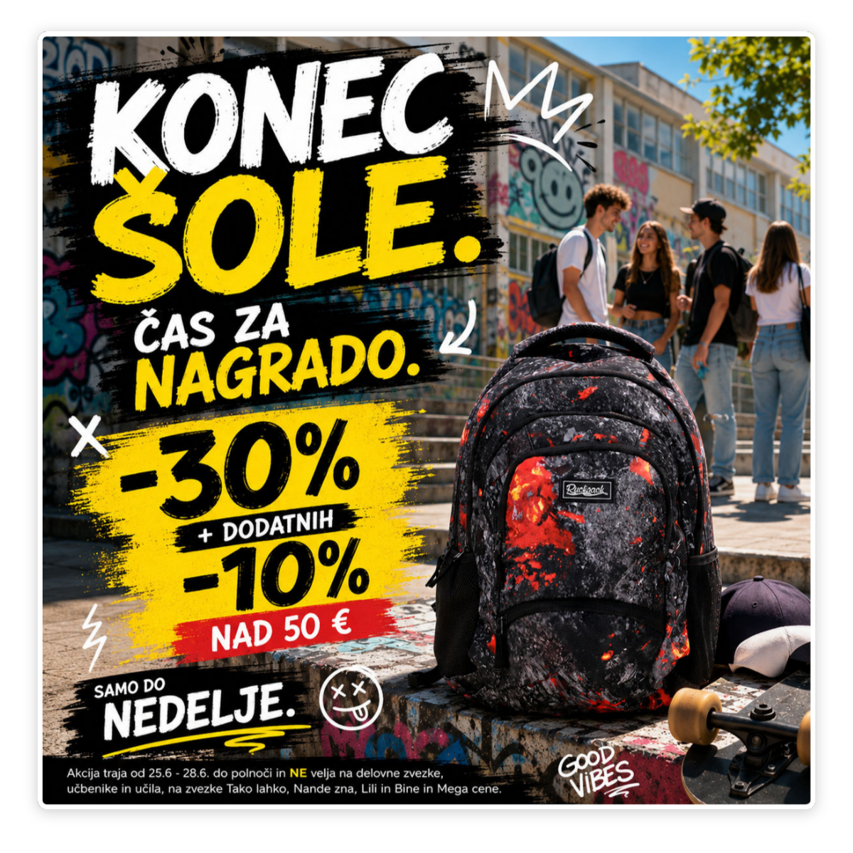 Promotional poster offering 5% off on workbooks for pre-orders, with colorful children's books and supplies displayed.