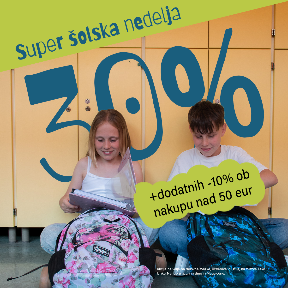 Four people lying in a circle on a tiled floor, surrounded by colorful school supplies and books, with a blue banner reading 'VSE ZA ŠOLO NA ENEM MESTU' at the bottom.