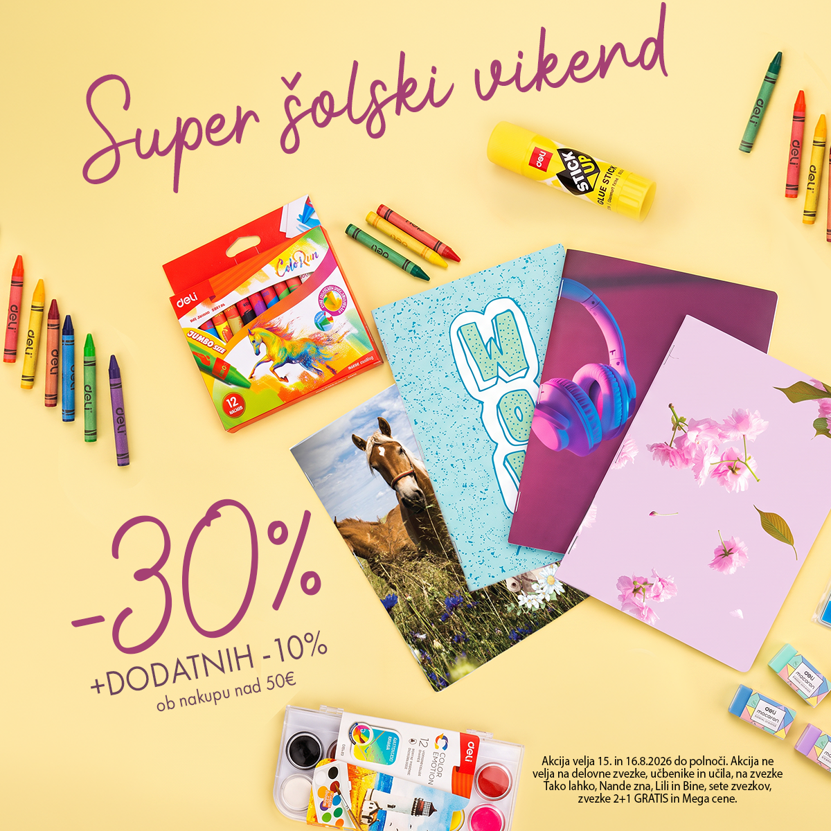 Back-to-school sale poster: 30% off with extra 10% off on purchases over €50, featuring colorful notebooks and crayons on a yellow background.
