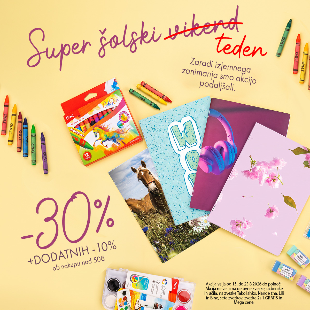 Back-to-school sale poster: 30% off with extra 10% off on purchases over €50, featuring colorful notebooks and crayons on a yellow background.
