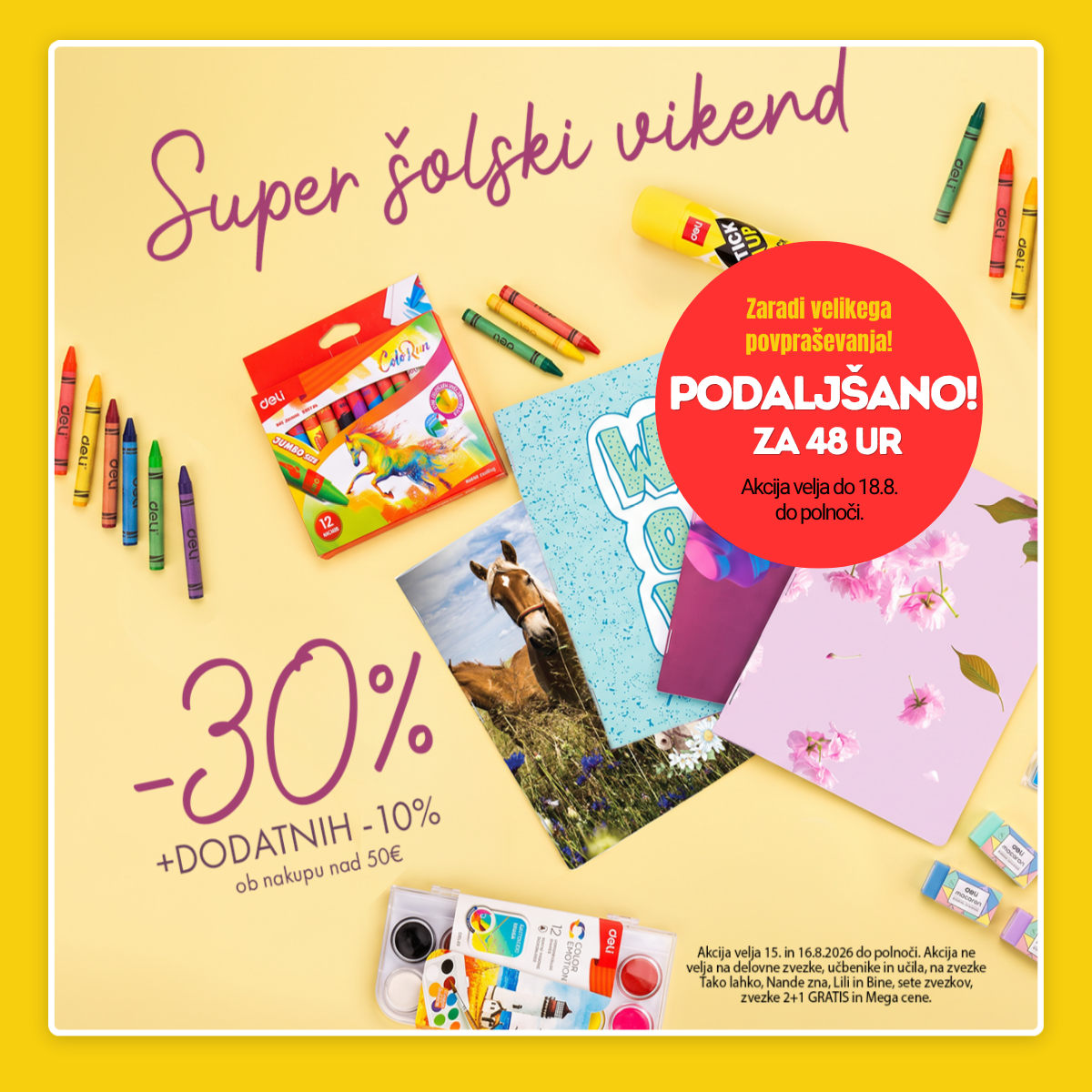 Back-to-school sale poster: 30% off with extra 10% off on purchases over €50, featuring colorful notebooks and crayons on a yellow background.