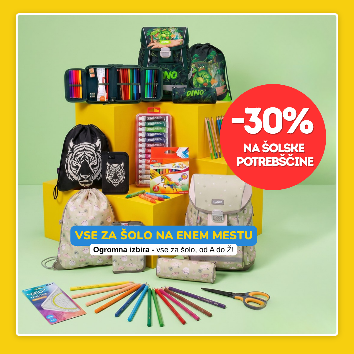 Back-to-school sale poster: 30% off with extra 10% off on purchases over €50, featuring colorful notebooks and crayons on a yellow background.