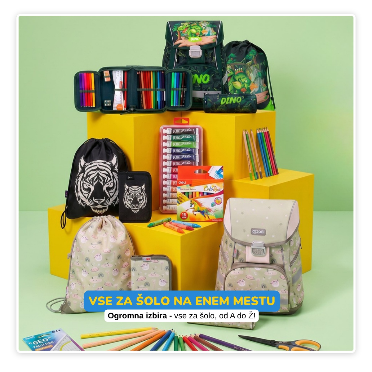 Back-to-school sale poster: 30% off with extra 10% off on purchases over €50, featuring colorful notebooks and crayons on a yellow background.